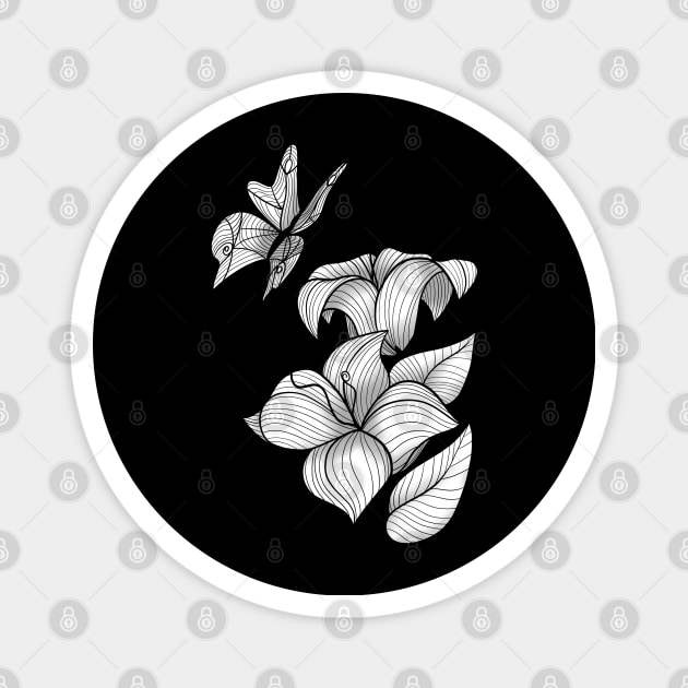 Black and white lily flowers with butterfly Magnet by Izzzzman